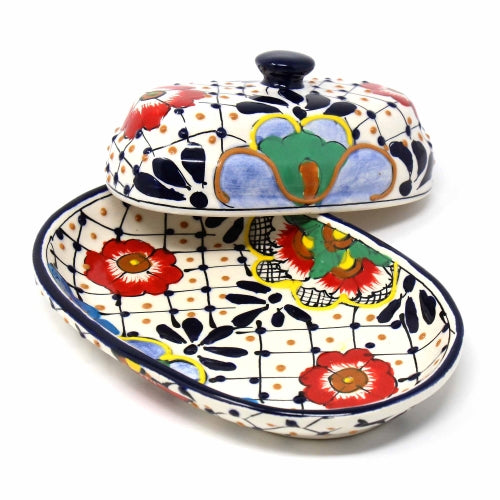 Handmade Pottery Butter Dish, Dots & Flowers - Encantada - Culture Kraze Marketplace.com