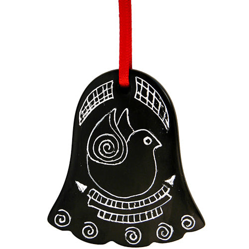 <center>Bell Coal Ornament </br>Crafted by Artisans in Colombia </br>Measures 2-1/4” high x 2” wide x 1/4” deep</center>