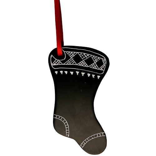 <center>Christmas Stocking Coal Ornament </br>Crafted by Artisans in Colombia </br>Measures 3” high x 1-3/4” wide x 1/4” deep</center>