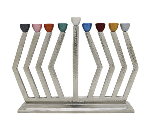 Chanukah Menorah with Colorful cups – Hammered Aluminum - Culture Kraze Marketplace.com