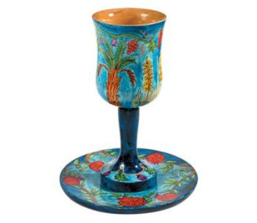 Yair Emanuel Hand Painted Large Wood Kiddush Cup with Coaster - Seven Species - Culture Kraze Marketplace.com
