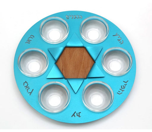 Shraga Landesman Sky-Blue Star of David Seder Plate - Aluminum, Wood and Glass - Culture Kraze Marketplace.com