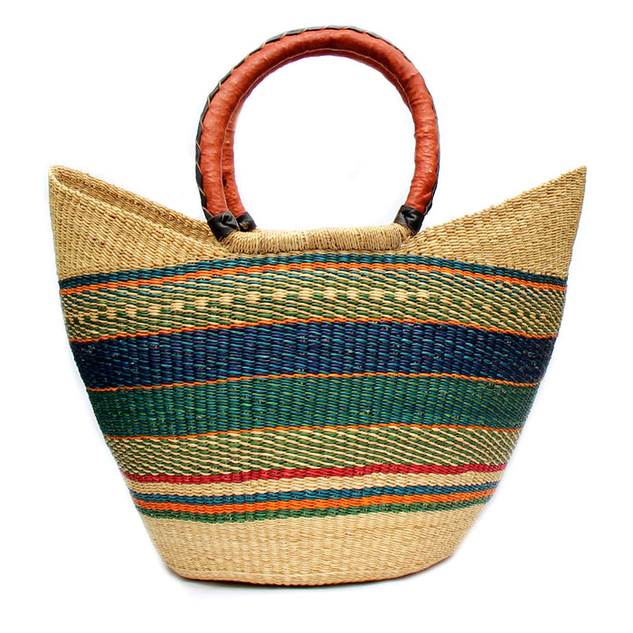 Bolga Tote, Mixed Colors with Leather Handle - 18-inch - Culture Kraze Marketplace.com
