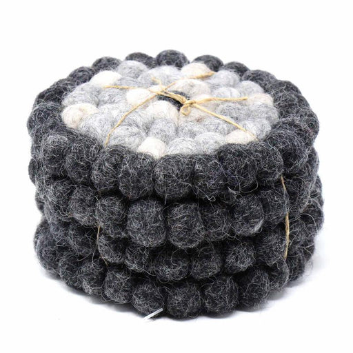 Hand Crafted Felt Ball Coasters from Nepal: 4-pack, Flower Black/Grey - Global Groove (T) - Culture Kraze Marketplace.com