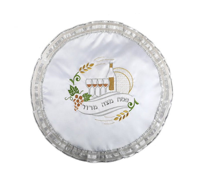 White Satin Matzah Cover with Gold and Green Embroidered Seder Theme Design - Culture Kraze Marketplace.com