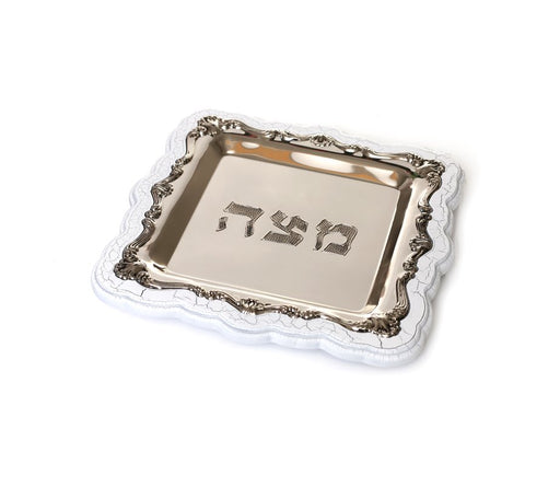 Silver Plated Matzah Tray on White Crazed Wood Base - Culture Kraze Marketplace.com