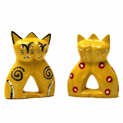 Handcrafted 4-inch Soapstone Love Cats Sculpture in Yellow - Smolart - Culture Kraze Marketplace.com