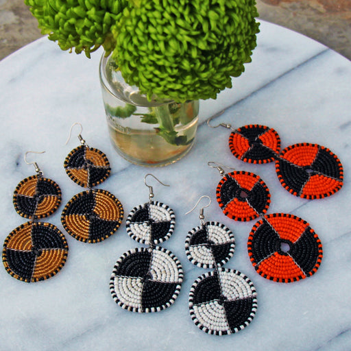 Maasai Bead Double Circle Dangle Earrings, Mango Orange and Black - Culture Kraze Marketplace.com