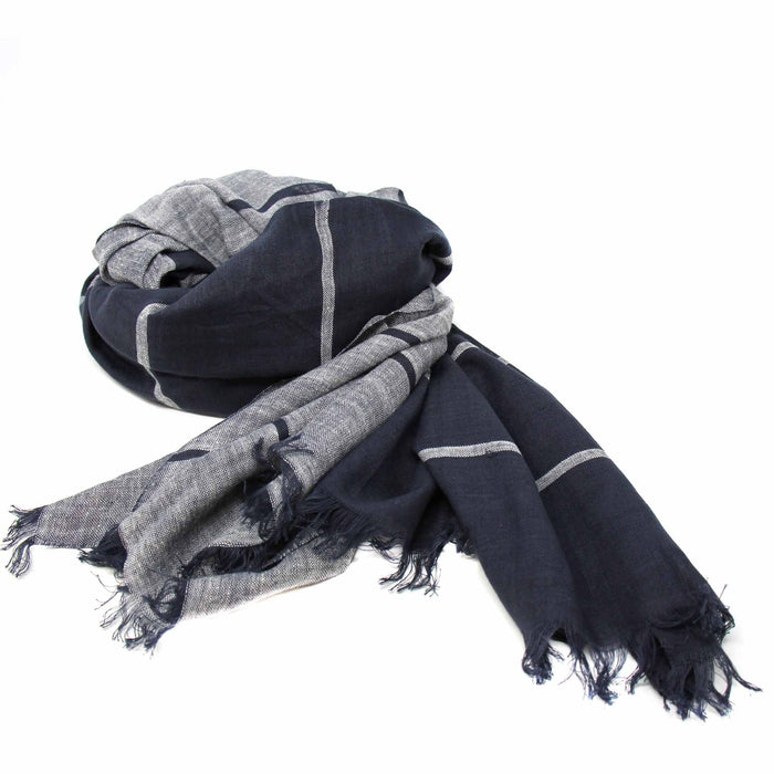 Hand-printed Cotton Scarf, Black & Gray Stripes with Fringe - Culture Kraze Marketplace.com