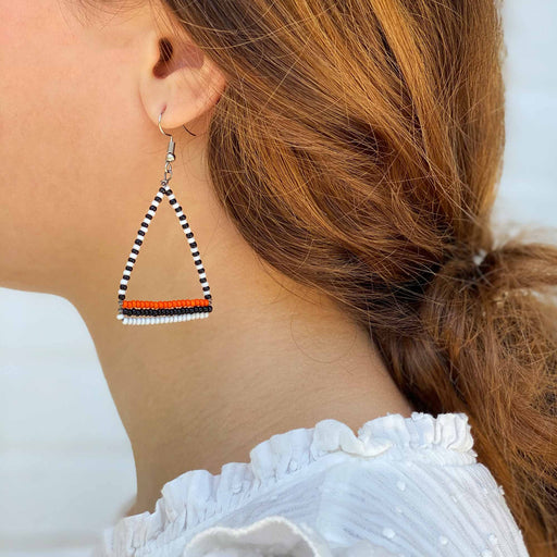 Maasai Bead Triangle Dangle Earrings, Black/White/Orange - Culture Kraze Marketplace.com