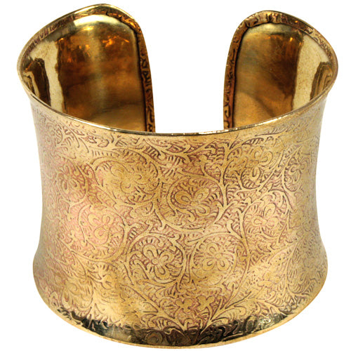 <center>Bronze Cuff with Vine Detail </br>Crafted by Artisans in India </br>Measures 2" wide x 2-1/2" diameter</center>