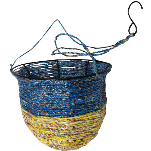 <center>Recycled Candy Wrapper Hanging Basket </br>Crafted by Artisans in India </br>Measures 8” deep x 9-3/4” diameter, with 20” drop on hook</center>
