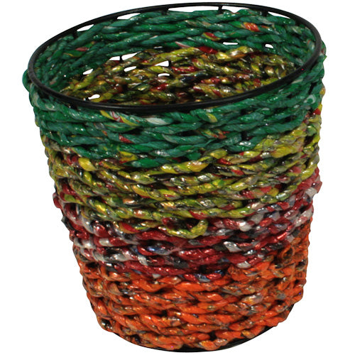 <center>Recycled Candy Wrapper Planter </br>Crafted by Artisans in India </br>Measures 6” deep x 6” diameter</center>