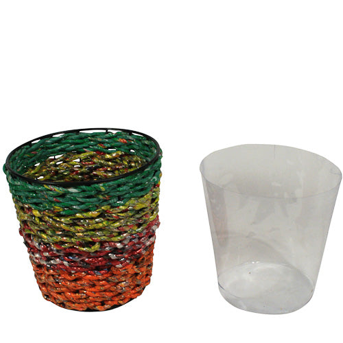 <center>Recycled Candy Wrapper Planter </br>Crafted by Artisans in India </br>Includes Plastic Inserts for Plants</center>