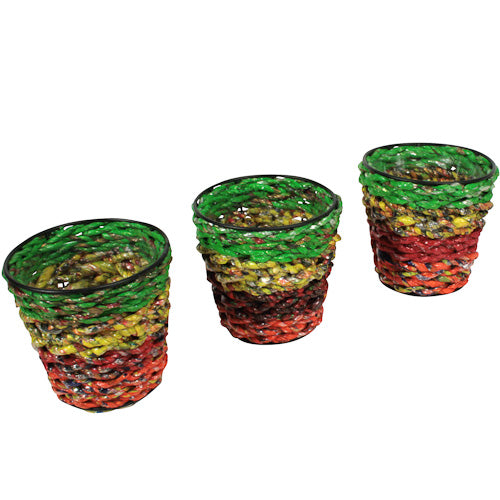 <center>Set of 3 Recycled Candy Wrapper Planters </br>Crafted by Artisans in India </br>Each pot measures 4-1/4” deep x 4” diameter</center>