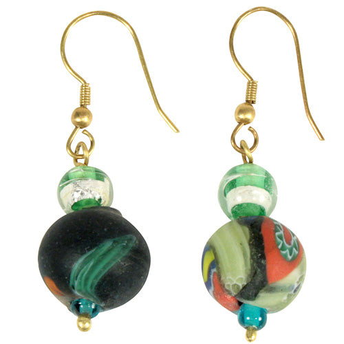 <center>Rainbow Recycled Glass Earrings </br>Crafted by Artisans in India </br>Marbles measure 1/2” diameter each, with bronze S-hooks</center>