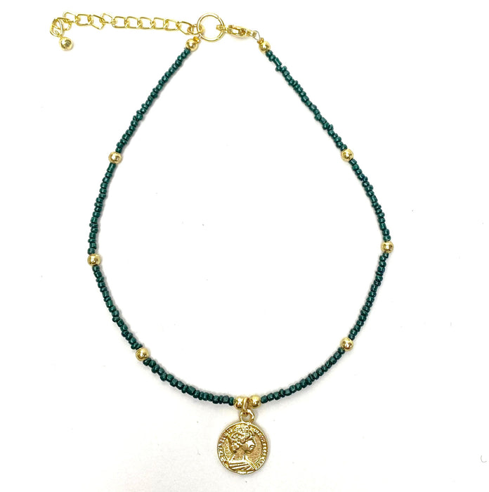Dark Green Glass Bead Choker with Brass Coin Pendant - Culture Kraze Marketplace.com