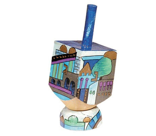 Yair Emanuel Hand Painted Wood Dreidel on Stand Blue Small - Jerusalem Images - Culture Kraze Marketplace.com