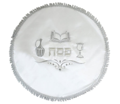 Satiny Fabric Matzah Cover with Silver Embroidery of Pesach Symbols - Culture Kraze Marketplace.com