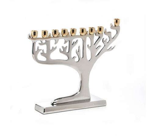 Nickel Plated Chanukah Menorah with Gold Color Cups, Tree Design – 7" Height - Culture Kraze Marketplace.com