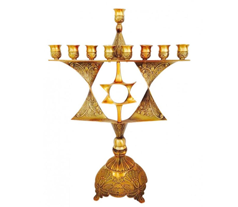 Ornate Chanukah Menorah with Star of David Image, Bronze Nickel - 12.6 Inches - Culture Kraze Marketplace.com