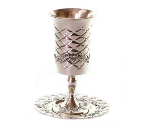Silver Plated Kiddush Cup on Stem with Matching Plate - Diamond Design - Culture Kraze Marketplace.com