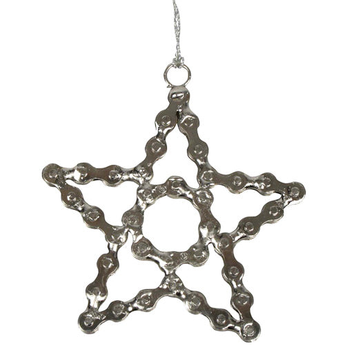 <center>Star Ornament made of Upcycled Bike Chain </br>Crafted by Artisans in India </br>Measures 4-1/2”high x 4-1/4” wide x 1/4” deep</center>