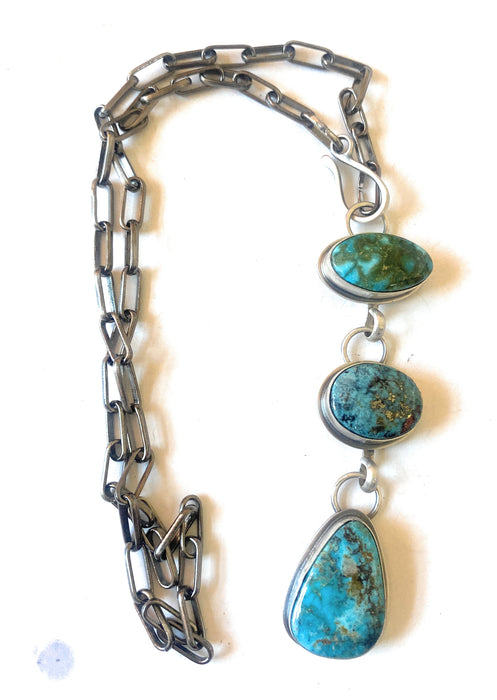 Navajo Sterling Silver & Three Stone Kingman Turquoise Lariat Necklace