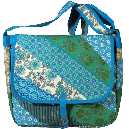 <center>Blue and Green Patchwork Messenger Bag </br>Crafted by Artisans in India </br>Measures 13” high x 15-1/4” wide x 3” deep</center>