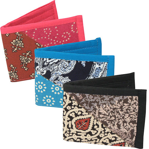 <center>Recycled Cloth Patchwork Wallets </br>Crafted by Artisans in India </br>Measure 3-1/2” x 4-1/2” when closed</center>