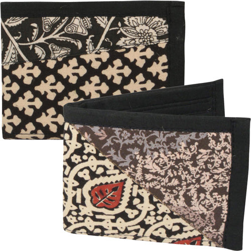 <center>Black and White Patchwork Wallets </br>Crafted by Artisans in India </br>Measure 3-1/2” x 4-1/2” when closed</center>