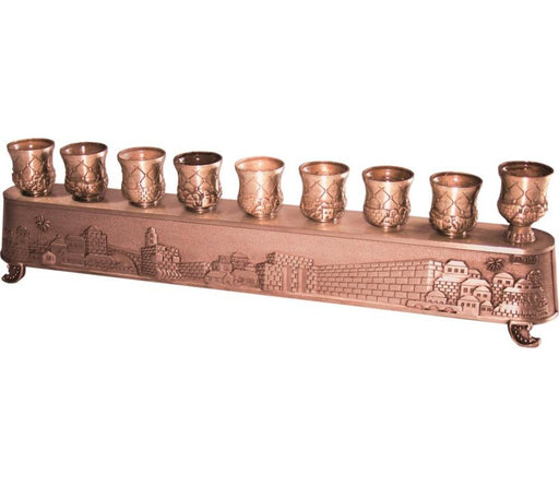 2-in-1 Copper Plated Menorah, Jerusalem Engraving - Shabbat Lights on Reverse - Culture Kraze Marketplace.com