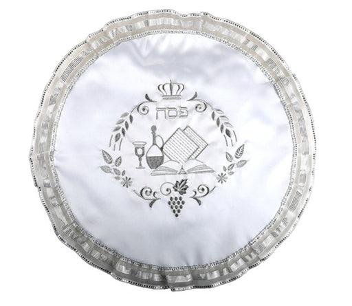 White Satin Passover Matzah Cover with Silver Embroidered Seder Theme Design - Culture Kraze Marketplace.com