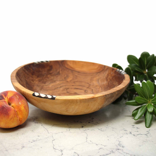 Handcarved Olive Wood Bowl 9 inch with Inlaid Bone - Jedando Handicrafts - Culture Kraze Marketplace.com