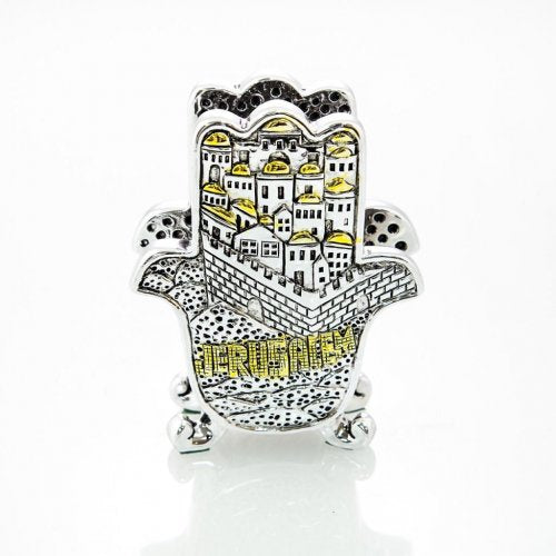 Business Card Holder, Silver Plated with Gold Accents - Hamsa & Jerusalem Images - Culture Kraze Marketplace.com