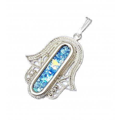 Filigree Sterling Silver Hamsa Pendant Necklace with Lengthwise Roman Glass - Culture Kraze Marketplace.com