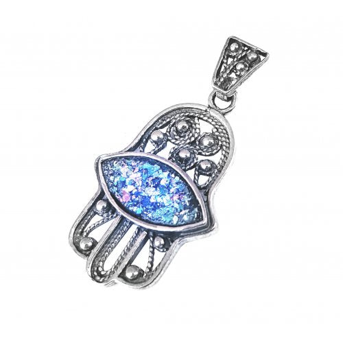 Filigree Sterling Silver Hamsa Pendant Necklace with Roman Glass Eye - Culture Kraze Marketplace.com