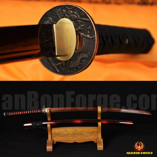 Tradtional Handmade Japanese Sword KATANA Black&Red Damascus Oil Quenched Full Tang Blade - Culture Kraze Marketplace.com