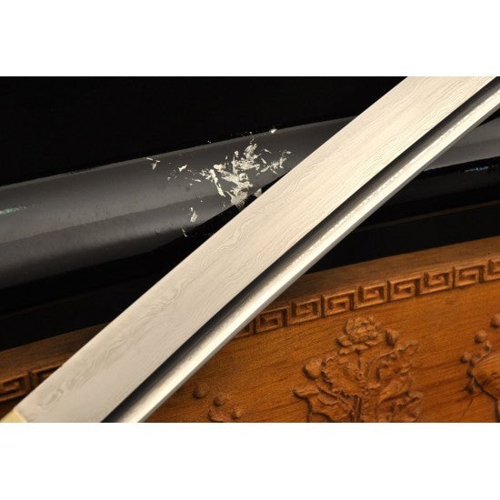 Damascus Folded Steel Japanese Wakizashi Samurai Sword Full Tang Blade Iron Tsuba