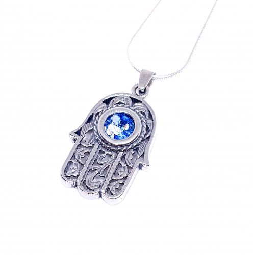 Hamsa Sterling Silver Pendant Necklace with Curving Filigree and Roman Glass - Culture Kraze Marketplace.com
