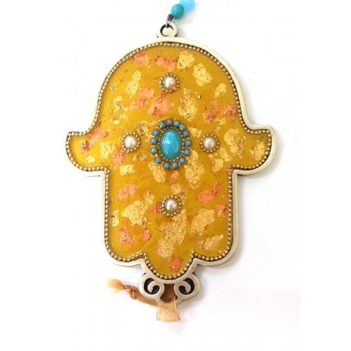 Iris Design Hand Painted Wall Hamsa, Pewter and Enamel with Beads and Crystals - Culture Kraze Marketplace.com