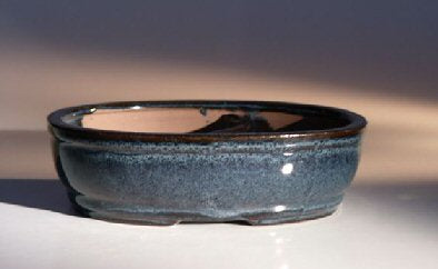 Blue Ceramic Bonsai Pot - Oval   Land/Water Divider   7.75"  x  6.0"  x  2.5" - Culture Kraze Marketplace.com