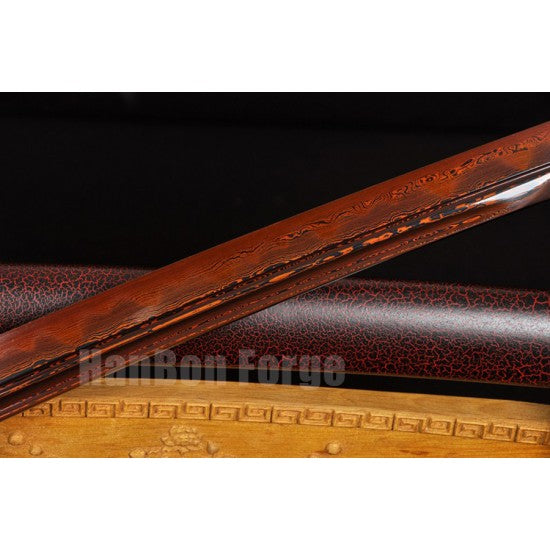 Japanese KATANA Sword Handmade Full Tang Red Damascus Steel Blade Clay Tempered With Real Hamon