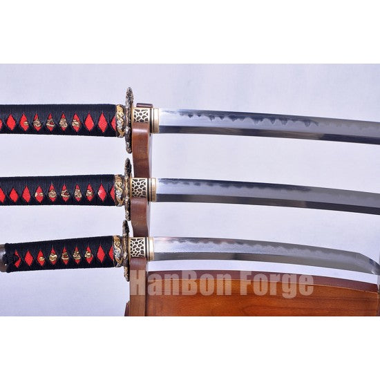Japanese Katana Wakizashi Tanto Three Sword Set Handmade Full Tang Kobuse Blade With Dragon Theme Tsuba Black Saya - Culture Kraze Marketplace.com