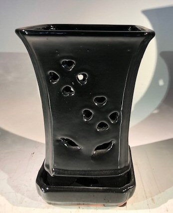 Black Ceramic Orchid Pot - Square  With Attached Humidity Drip Tray 6.5" x 6.5" x 9" - Culture Kraze Marketplace.com