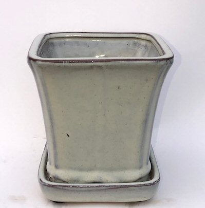 Beige Ceramic Bonsai Pot Square With Attached Humidity / Drip Tray   5.25" x 5.25" x 5.5" - Culture Kraze Marketplace.com
