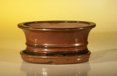 Aztec Orange Ceramic Bonsai Pot - Oval  Professional Series with Attached Humidity/Drip tray   6.37" x 4.75" x 2.625" - Culture Kraze Marketplace.com