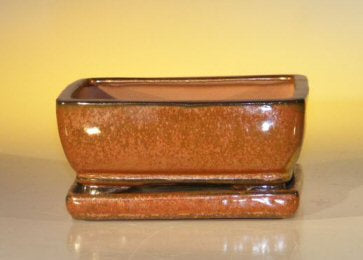 Aztec Orange Ceramic Bonsai Pot - Rectangle  With Attached Humidity/Drip tray  6.37" x 4.75" x 2.625" - Culture Kraze Marketplace.com