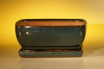 Dark Moss Green Ceramic Bonsai Pot - Rectangle  Professional Series with Attached Humidity/Drip tray   8.5" x 6.5" x 3.5" - Culture Kraze Marketplace.com