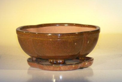 Aztec Orange Ceramic Bonsai Pot - Lotus Shape  Attached Humidity/Drip tray  8.5" x 6.5" x 3.5" - Culture Kraze Marketplace.com